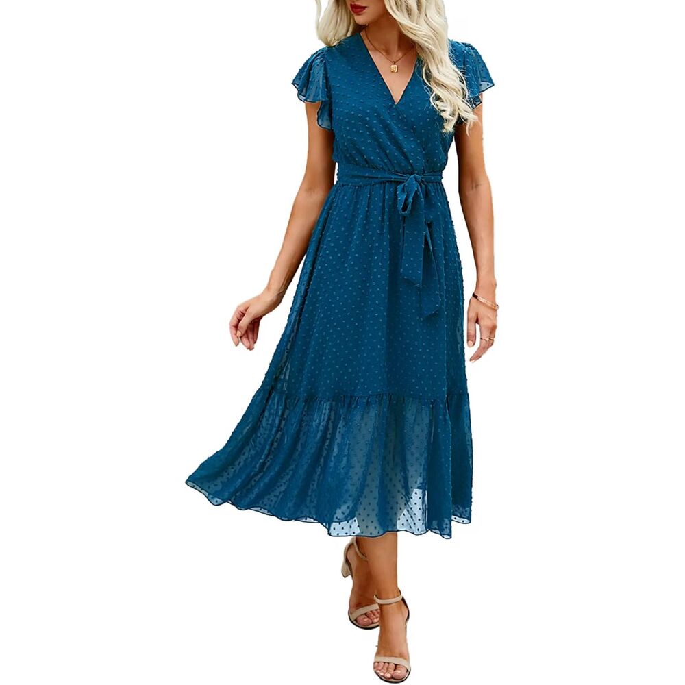 Casual Wrap V Neck Ruffle Cap Sleeve Belted Midi Dress, Small, 3F-207D001